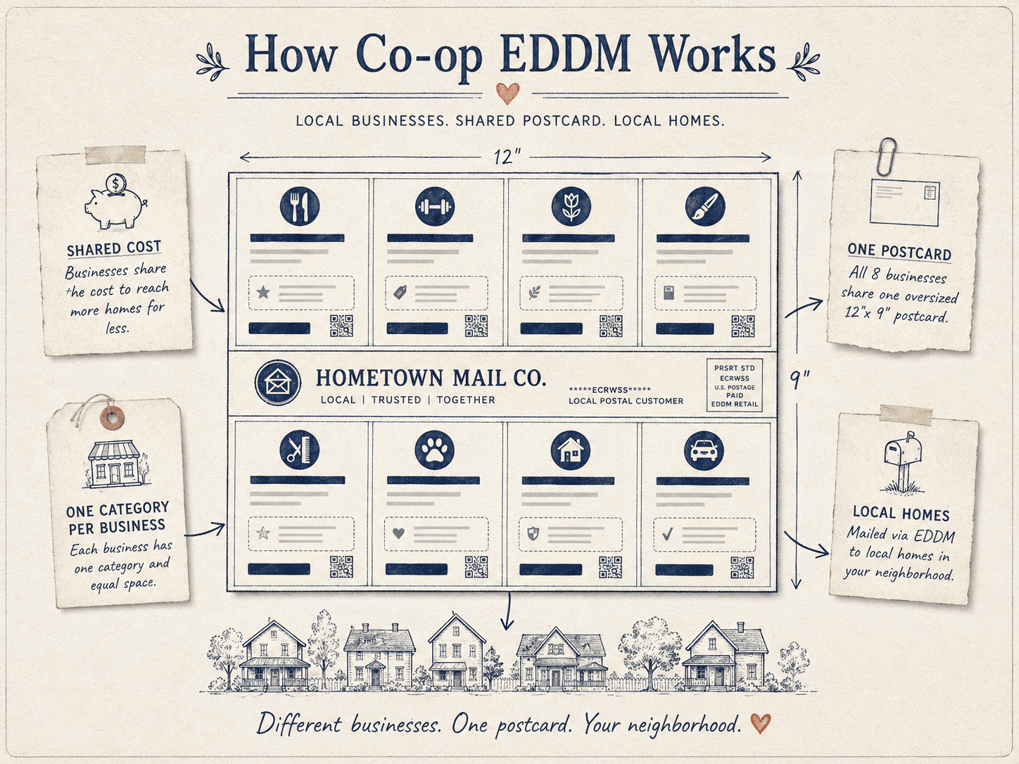 Illustration of the Hometown Mail Co. shared postcard format with multiple local business ad slots.